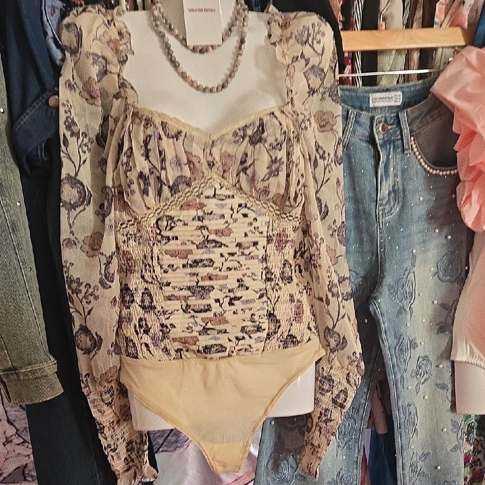 Free People Floral Lace Bodysuit in Cream and Purple